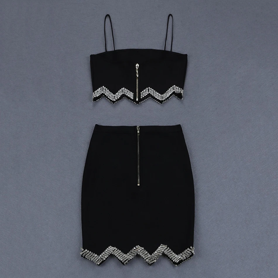 

Free Shipping 2021 Summer Crystal Diamond New Bandage Women 2 Piece Set Top & High Waist Mini Skirt Suit Club Party Vestidos