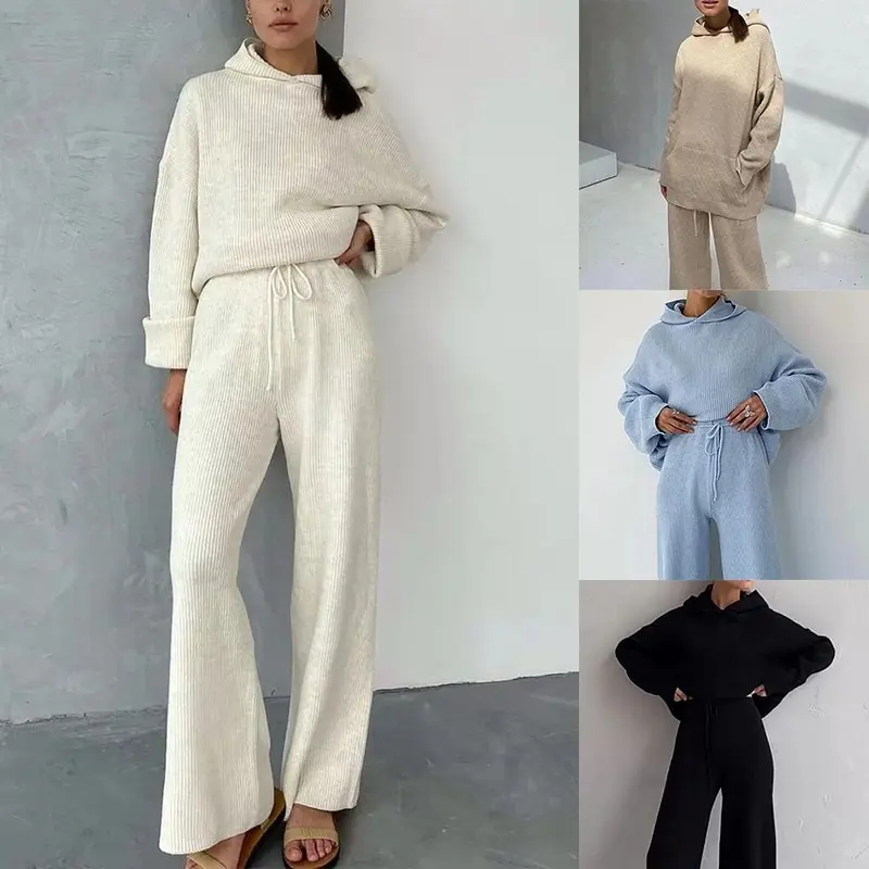 

2021 Sweater Set Women Tracksuit Spring Autumn Knitted Suits 2 Piece Set Warm Hoodies Sweater Pullovers Wide Legs Pants
