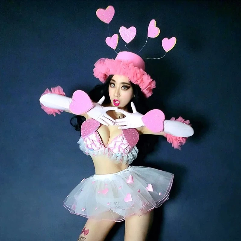 Valentine's Day Bar Nightclub Party Costume Sexy Lovely Pink Bikini Skirt Set Jazz Dance Team Performance DJ Singer Stage Outfit |