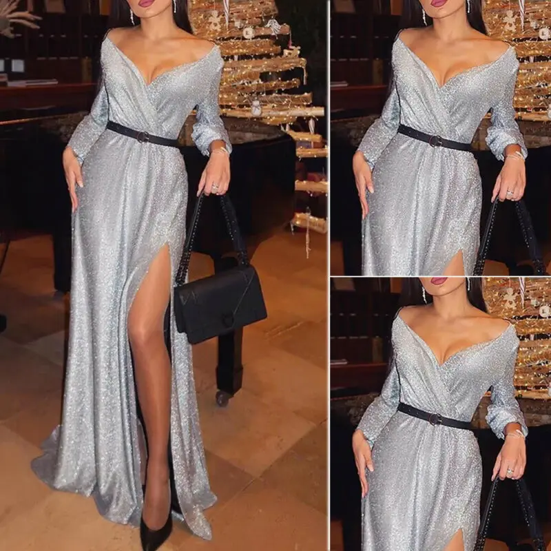 2020 модное Трендовое Сексуальное женское платье с блестками и длинным рукавом v
