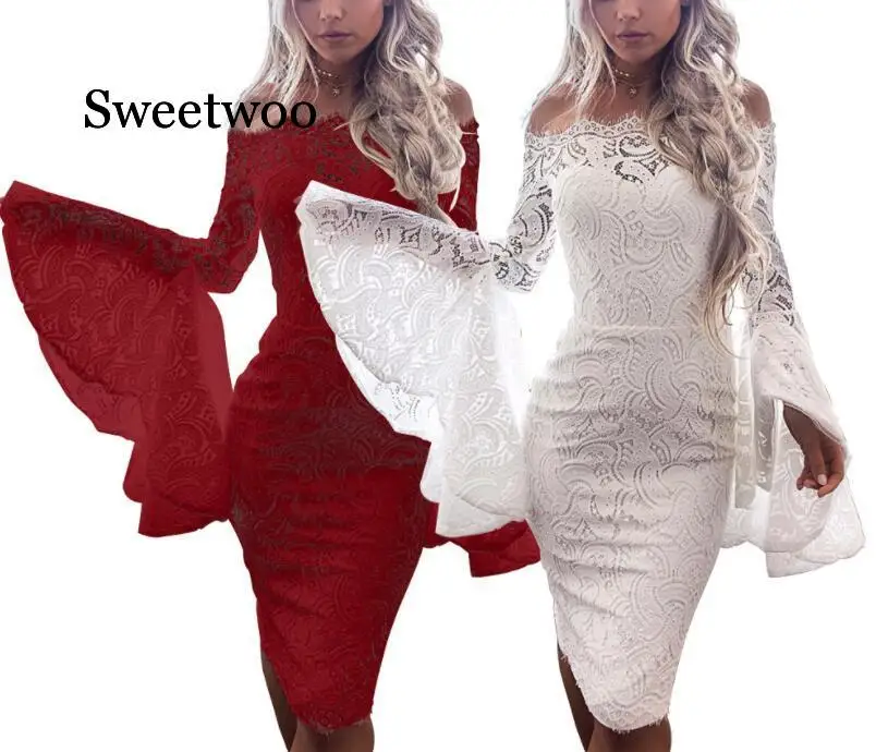 Новый 2020 на лето и весну сексуальное платье с открытыми плечами белое кружевное