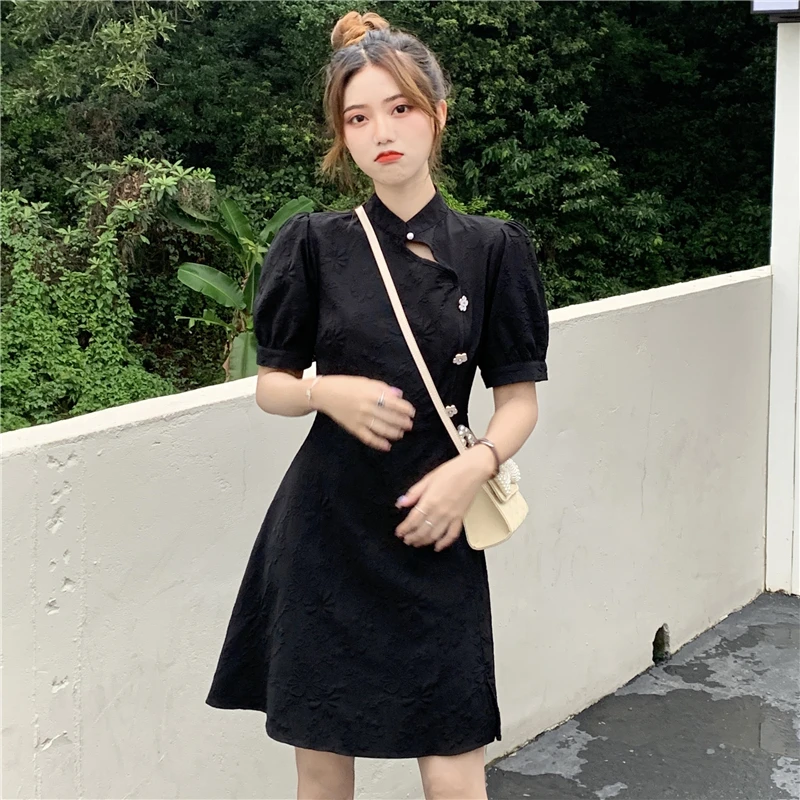 

Summer Women Stand Collar Flower Button Short Mini Dresses China Cheongsam Ruffle Puff Sleeve Slim 2021 New Ladies Black Elegant