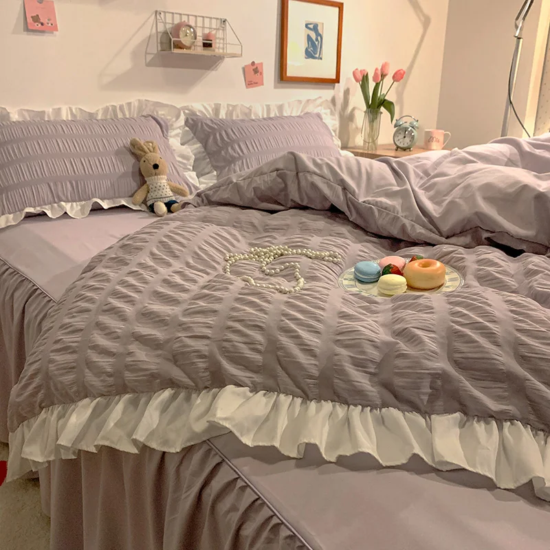 

Korean Seersucker Bedding Flat Set 4PCS Duvet Cover Washed Cotton AB Side Home Linens Ruffles Pillowcase Sleeping Bedclothes New
