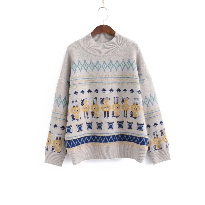 

2020 Winter New Half Turtleneck Age-reducing Knitwear Korean Style Turtleneck Loose Fashion Cartoon Long Sleeve Sweater Women