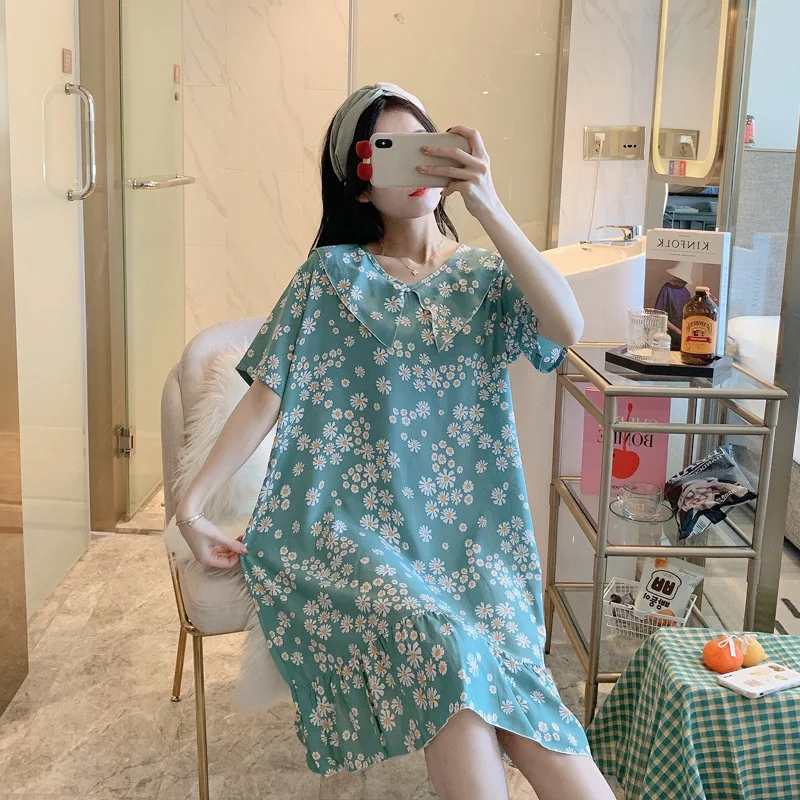 2021 New Summer Women's Nightdress Short Sleeve Nightgown Thin Large Size Loose Printed Housewear Female Sleepwear Nightwear