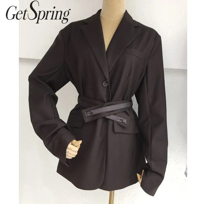 Getвесенний Женский блейзер однобортный длинный рукав женский черный пальто со