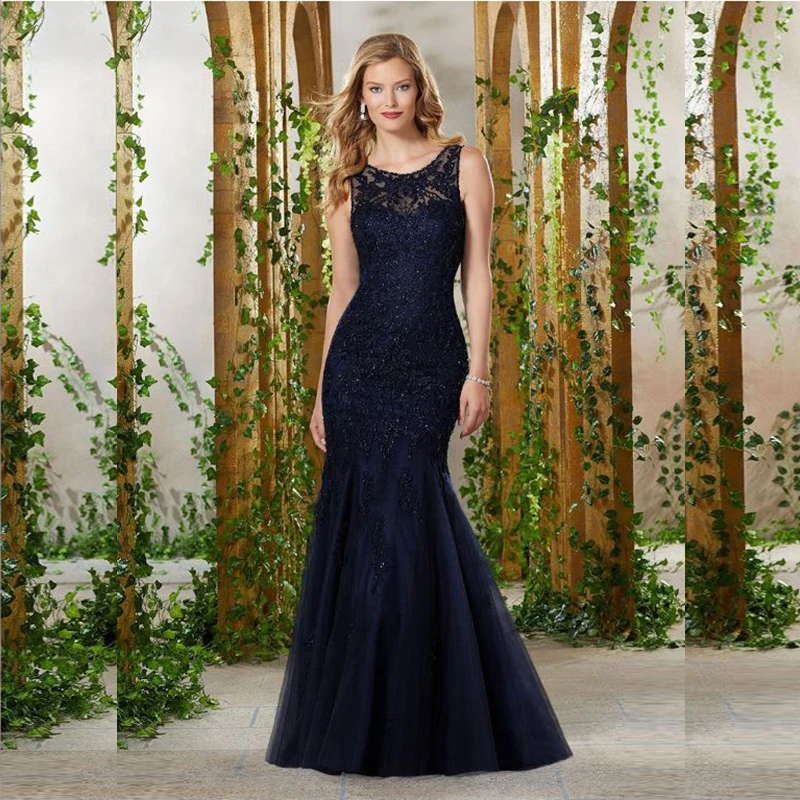 

2021 Wholesale Gorgeous Navy Blue Lace Mermaid Jewel Neck Mother of the Bride Dresses Sleeveless Wedding Guest Gowns Back Out