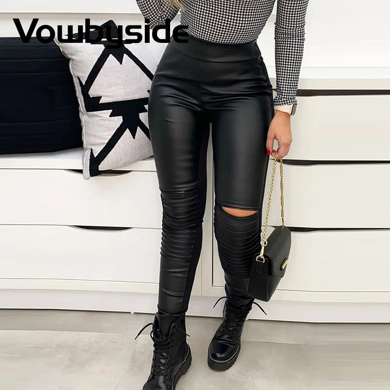 

PU Leather Zipper Design Ruched High Waist Pants Women Skinny Pants