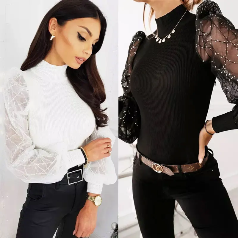 

Женский свитер с высоким воротником, зимний теплый вязаный свитер с длинными рукавами-фонариками, облегающий базовый свитер с блестками дл...