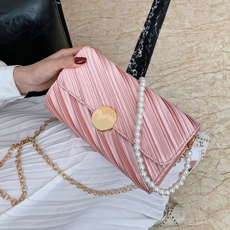 

2020 New Fashion Silk Baguette Bags For Women Sac Femme Designer Shoulder Bag Chain Bead Crossbody Bag Ladies Handbags Flap