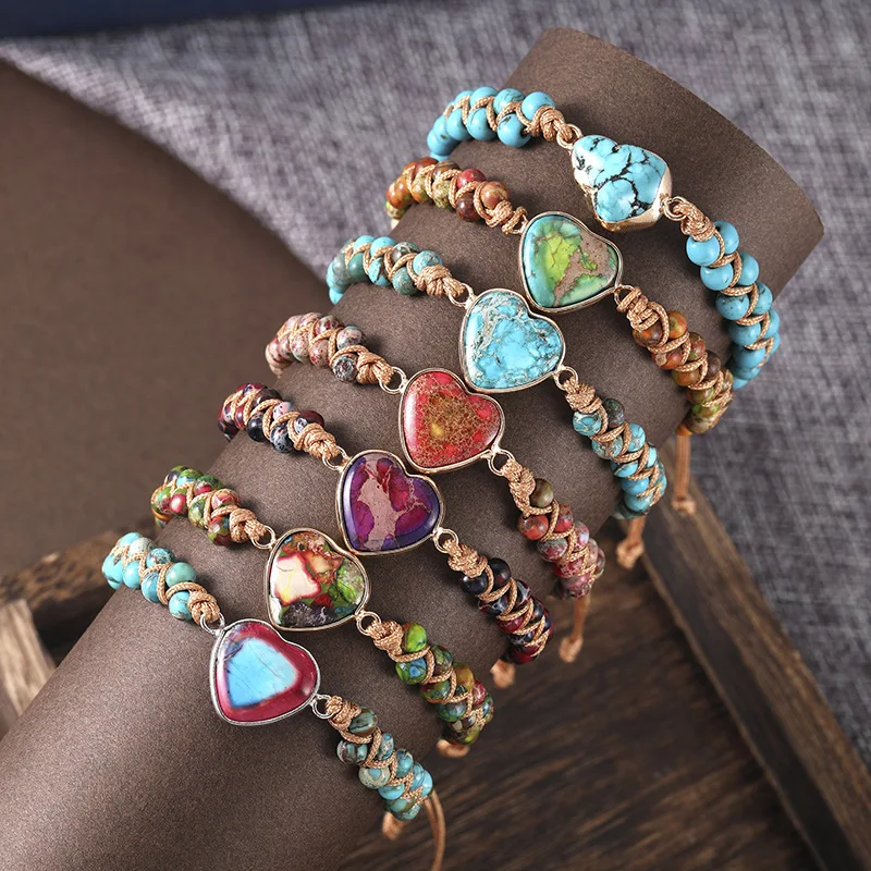 

Natural Stone Heart Charm Bracelets String Braided Macrame Bracelets Jaspers Friendship Wrap Bracelet Bangle Femme Women Jewelry