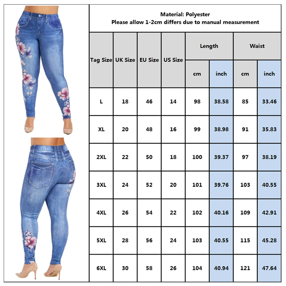 

Plus Size Women Pant Imitation Denim Pants Ladies Zipper Tights Pant Female spodnie damskie Streetwear Floral Print Long 6XL