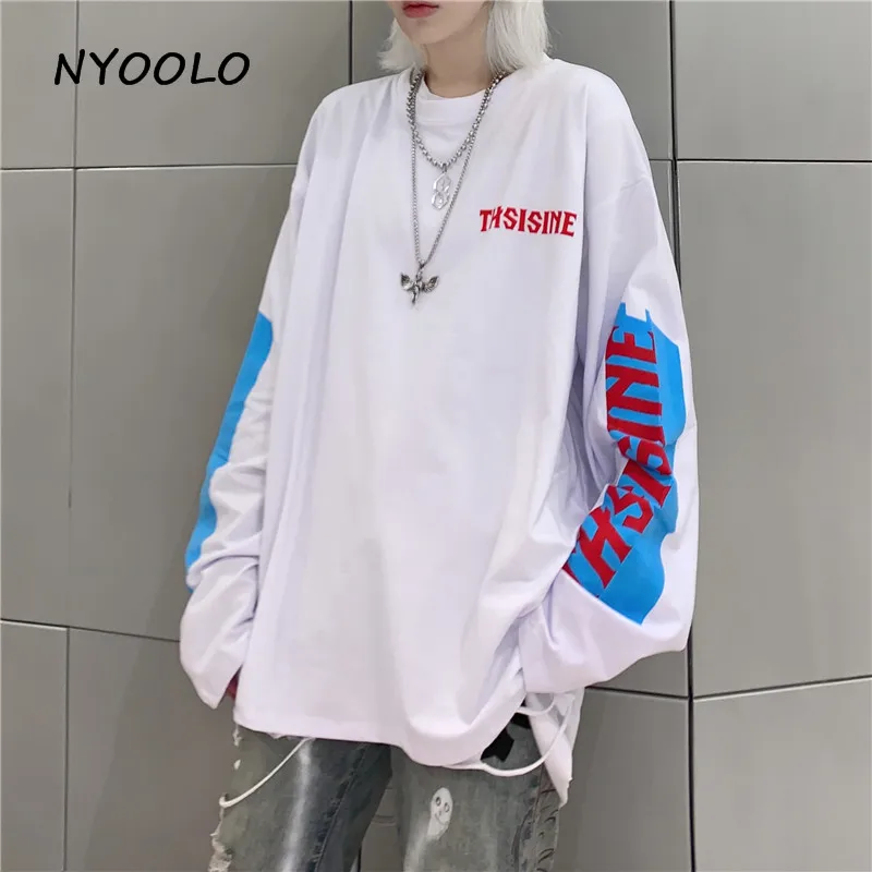 NYOOLO Harajuku стиль простая футболка с буквенным принтом Осенняя уличная свободная футболка с длинными рукавами и круглым вырезом Женская Мужская одежда Топ