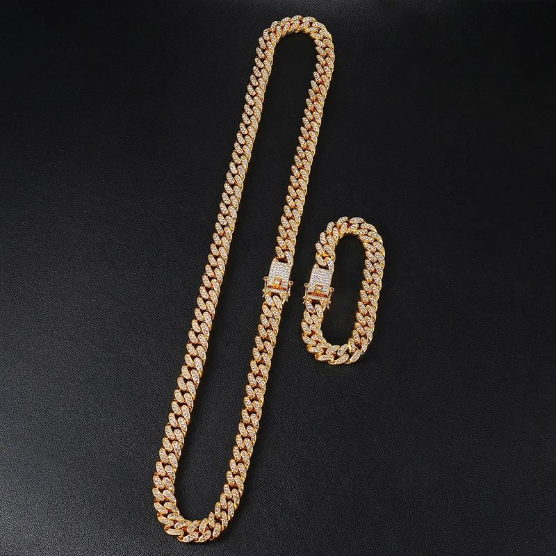 1Set Full Iced Out Paved Rhinestones 13MM Gold Silver Miami Curb Cuban Chain CZ Bling Rapper Necklaces For Men Hip Hop Jewelry