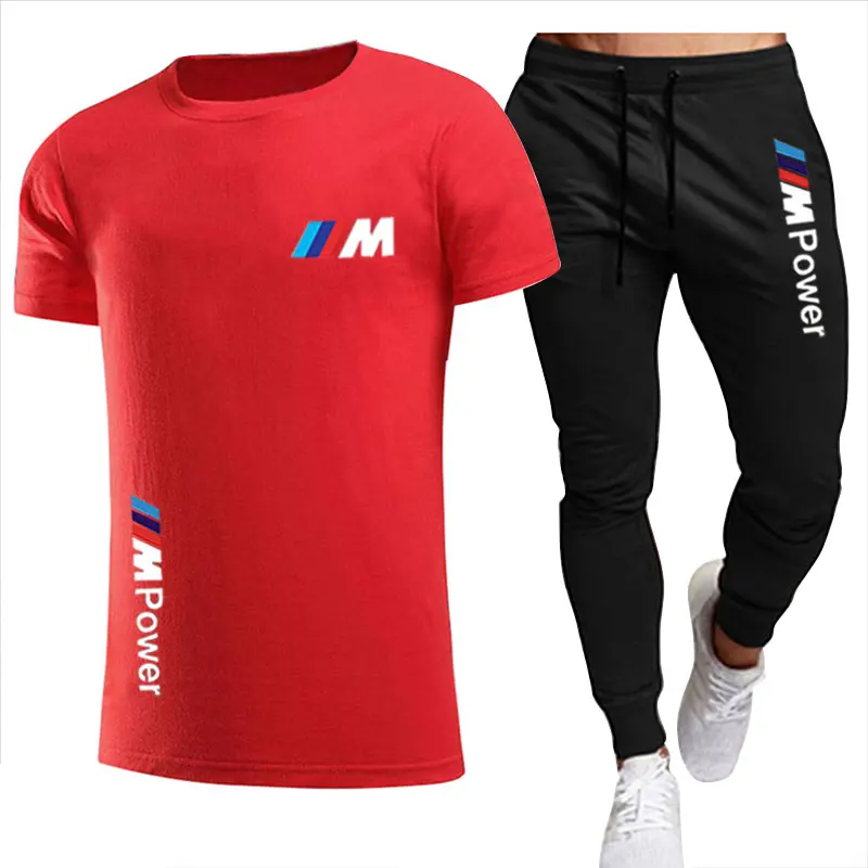 

2021BMW Fashion Casual Sportswear Summer Alphabet Print Suit Men's Jogging Fitness Suit Men's Suit T-shirt + Pants 2-Piece Set