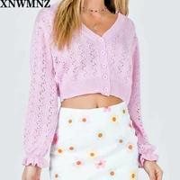 xnwmnz women fashion spring autumn hollow out sweater cardigan ladies sweet pink v neck sweaters women casual knit sweater