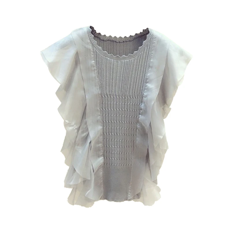 

Knitted T-Shirt Women 2021 Summer Autumn New Korean Style Elegant Chiffon Ruffled Patchwork Round Neck Slim-Fit Tee Tops