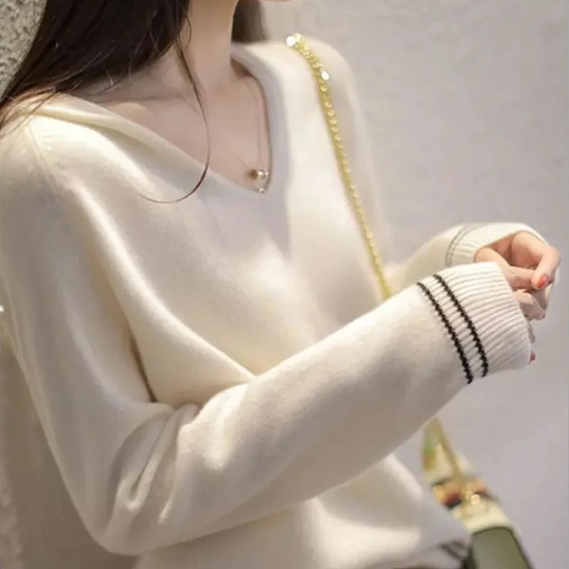 

Женский свободный свитер с капюшоном, трикотажный пуловер с V-образным вырезом и капюшоном, осень 2020