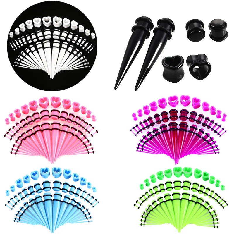 48pcs/Lot Heart Acrylic Ear Gauge Taper And Plug Stretching Kits Mixed Color Ear Tunnel Expansion Body Piercing Jewelry 14G-00G