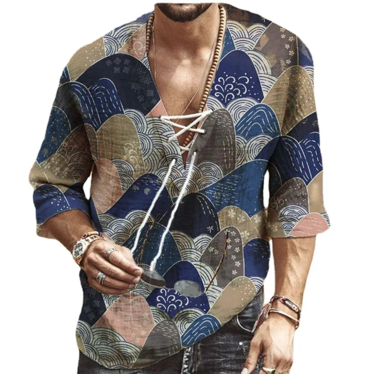 

2021 new men's chest lace up corns medium sleeve T-shirt printed shirt