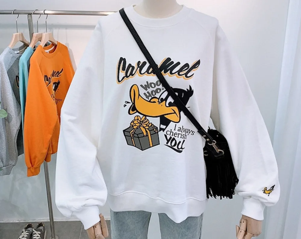 

Spring Autumn Women Fashion Cartoon Letter Print Long Sleeve Round Neck Sweatshirt Casual Thin Lightweight Shirts Top 2021