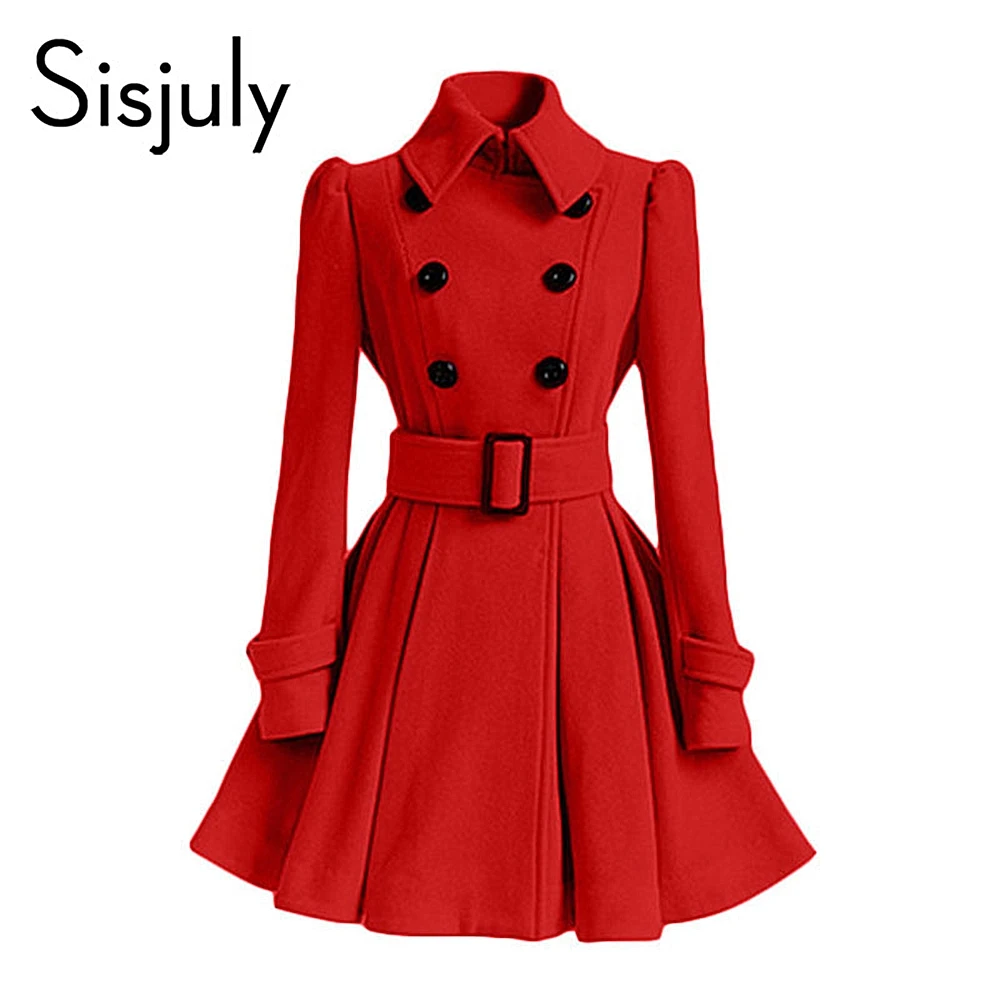 Sisjuly-abrigo de lana roja para mujer, doble botonadura con cinturón de abrigo de invierno, chaqueta ajustada, abrigos Vintage informales negros a la moda