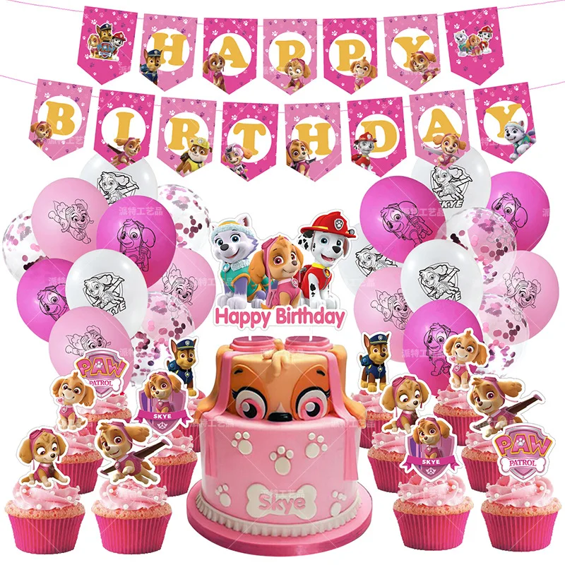 

Pink Cartoon PAW Patrol Skye Themed Party Ballloons Decorations Chase Marshall Everest Kids Birthday Banner Cake Topper Toys