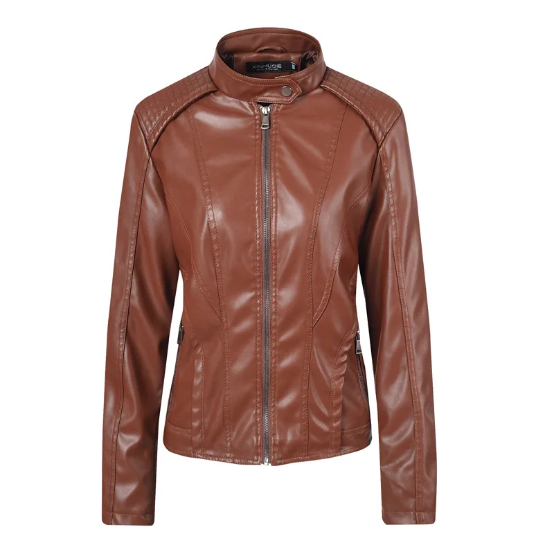 

Мотоциклетная куртка из искусственной кожи, коричневая Женская куртка, винтажная байкерская куртка, короткая Весенняя уличная кожаная кур...