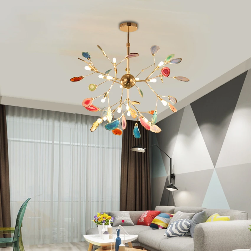 

Postmodern Agate Led Chandelier Colored Stone Piece Chandelier Nordic Creative Bedroom Light Warm Romantic Firefly Decor Light