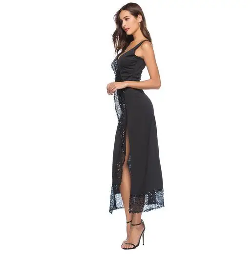 Сексуальное черное платье с глубоким v-образным вырезом и пайетками длинное