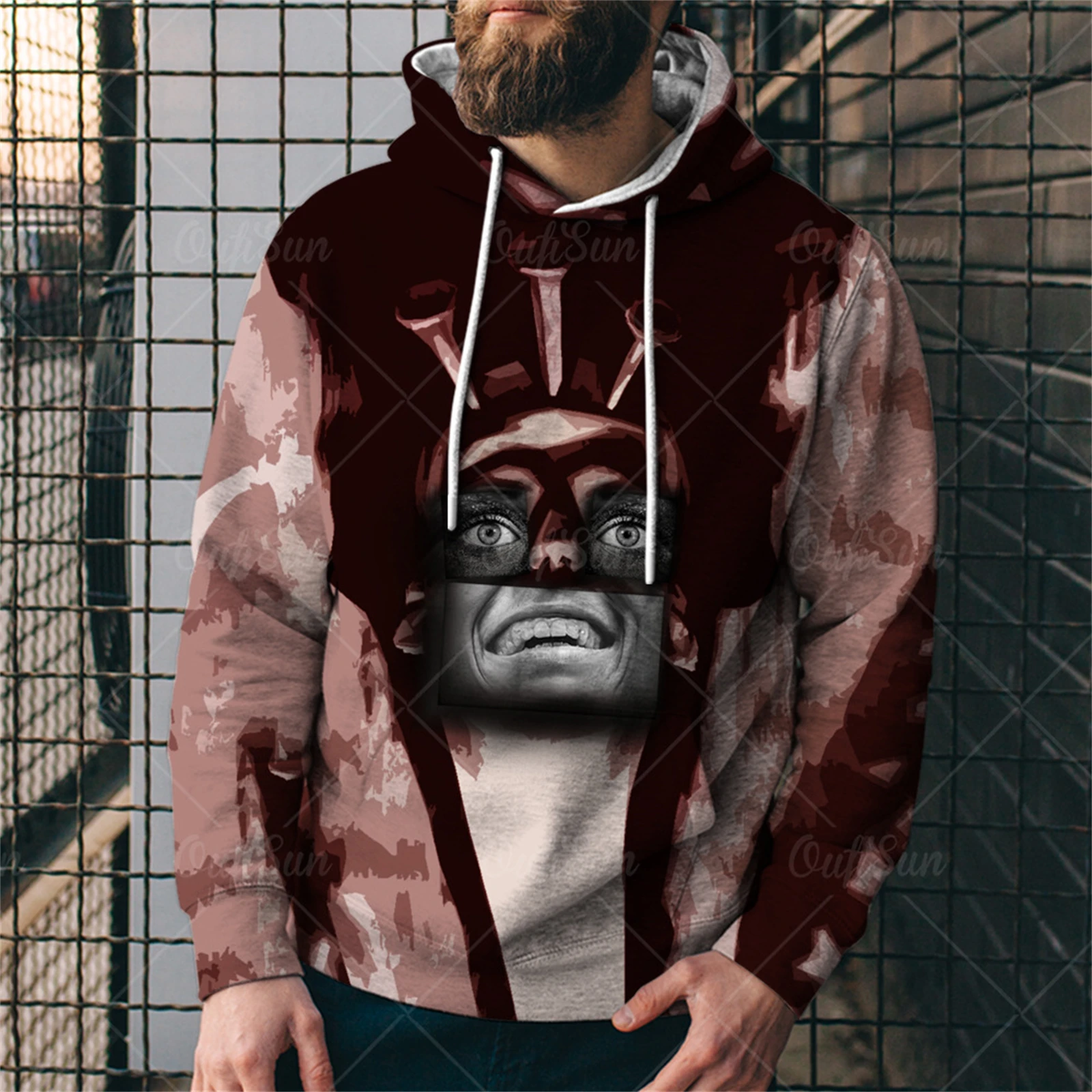 

Horror Print Long Sleeve Round Neck Pullover Men Pocket Loose Sweat-absorbent Tongq Sportswear Hoodie Classic Drawstring Sweater