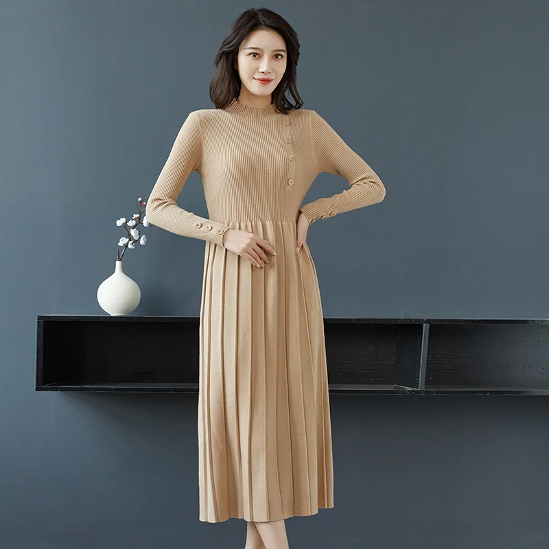 Женское трикотажное платье длинное свитер с высоким воротом и длинным рукавом