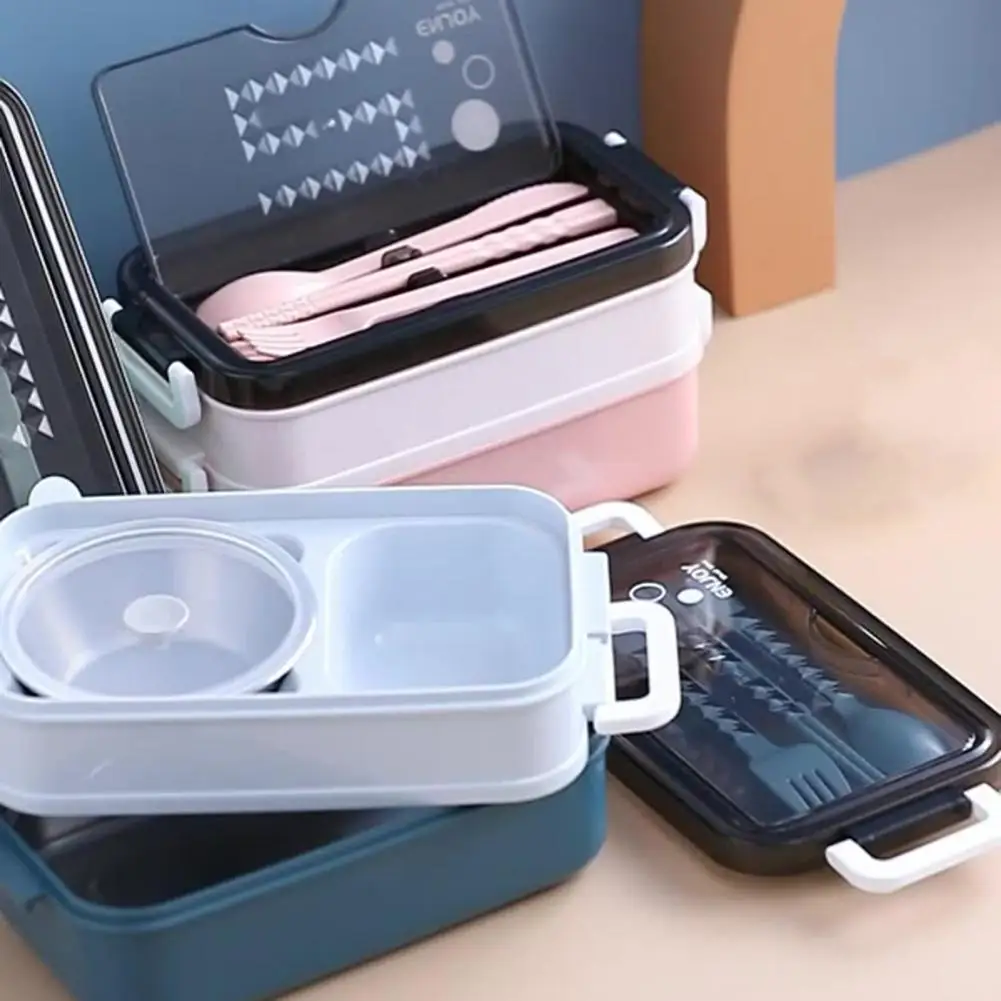 

1 Set Safe Lunch Container Leakproof Stainless Steel Buckle Double-layer Rectangle Food Storage Bowl Box