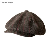 mens newsboy cap vintage red stripe octagonal hat spring autumn mens brand caps wool men women driver cap beret male nm02