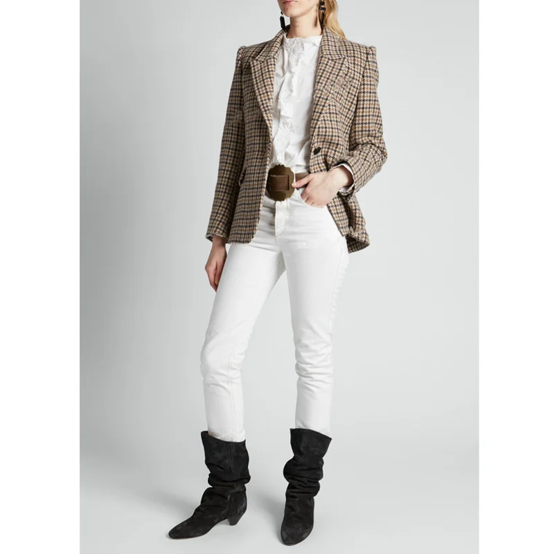 

Women Wool Houndstooth Blazer Coat Ladies 2021 New Office Wear Single Button Coat Female Outwear Suit Tops