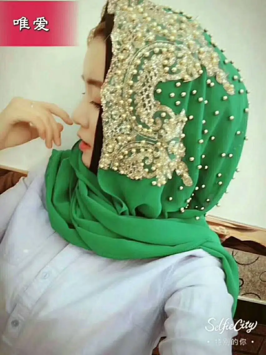 Hijabs-bufanda musulmana islámica para mujer, pañuelo largo de Color sólido con cuentas, Turbante de oración