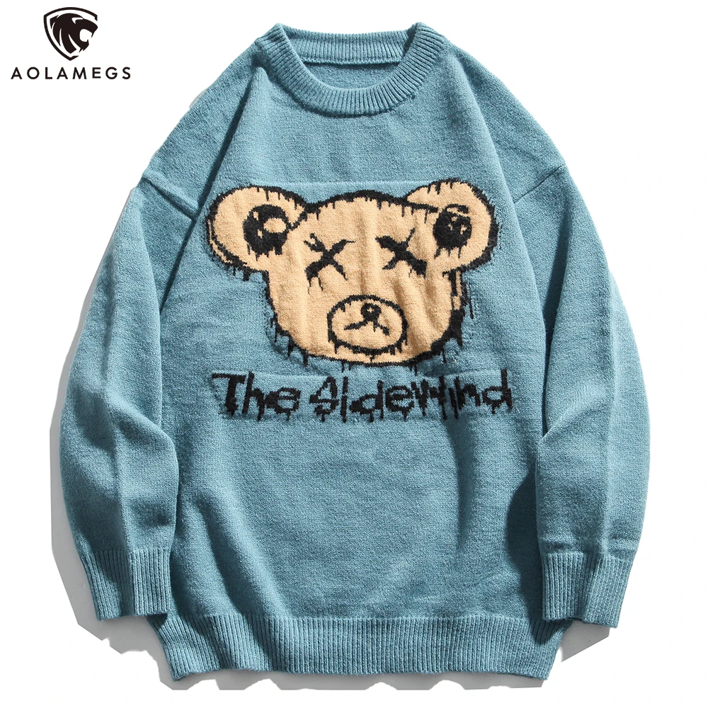 

Aolamegs Men Sweater Cartoon Furry Animal Graphic Knitted Pullover Winter Casual Baggy Harajuku College Style Couple Streetwear