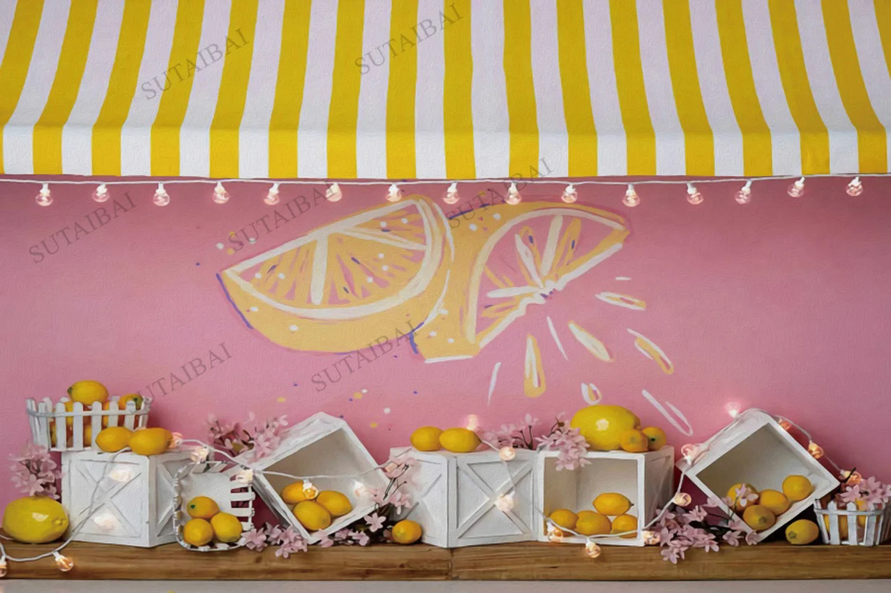 

Lemon Fruit Party Photography Backdrop Photo Shoot Birthday Newborn Portrait Background Wooden Door Flowers Photocall Studio