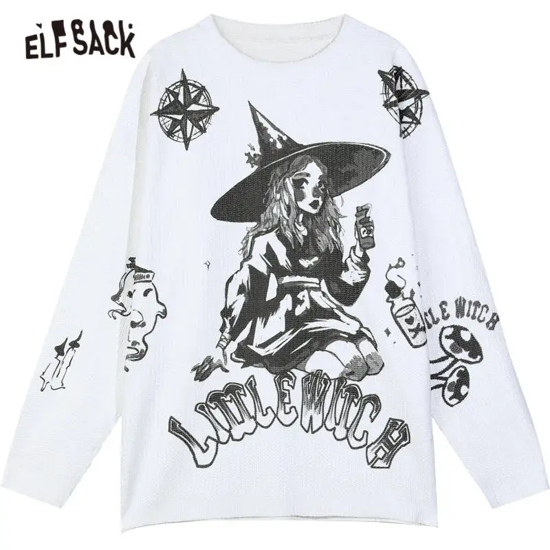 

ELFSACK X Neimy Witch Print Loose Casual Pullover Women Sweaters,2020 Autumn Vintage Full Sleeve,Korean Female Daily Graphic Top