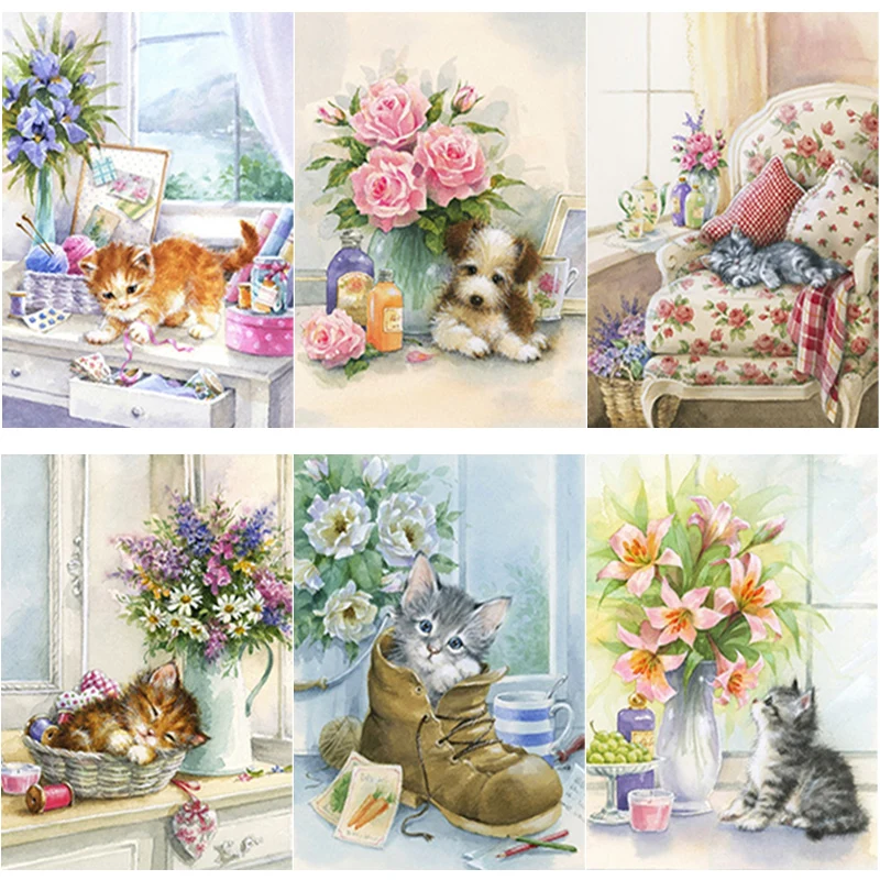 

New 5D DIY Cat Diamond Painting Animal Cross Stitch Full Square Round Drill Fresh Flowers Diamond Embroidery Home Decor Art Gift