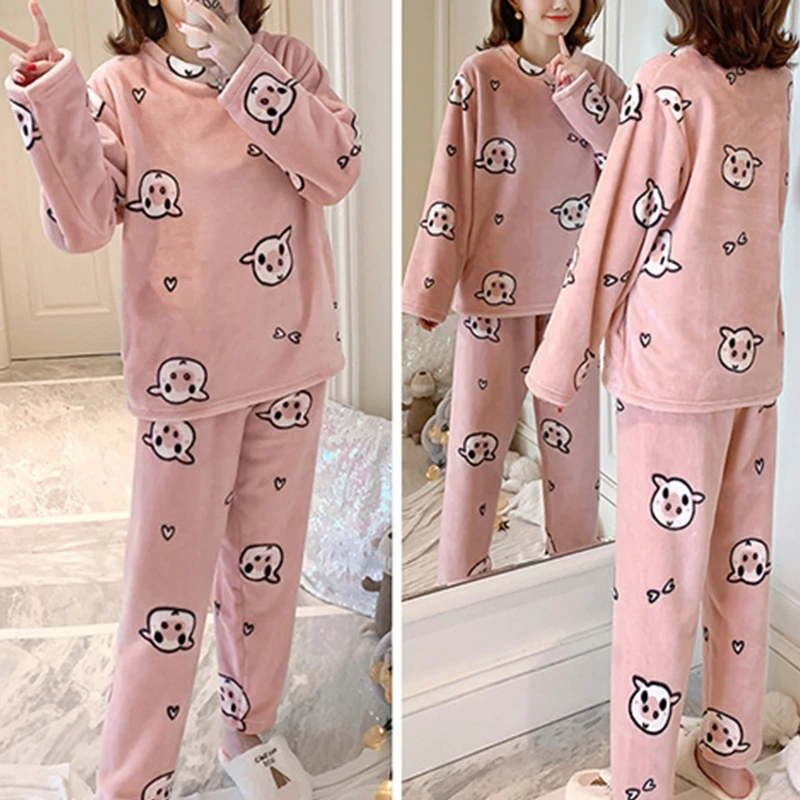 

Women Winter Pajamas Long Sleeve Tops Loose Pants Cartoon Animal Warm Sleepwear X7YA