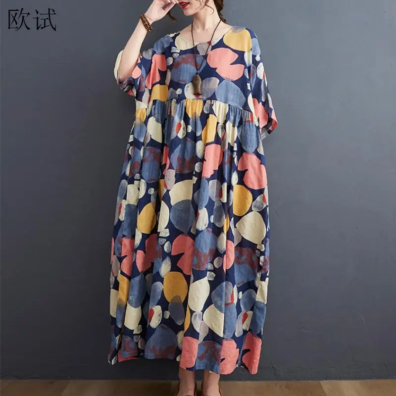 Женское длинное пляжное платье в горошек большие размеры 2022 хлопок новинка