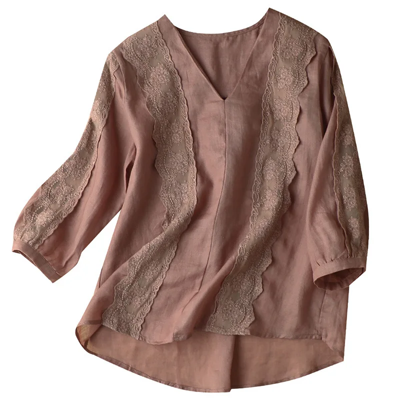 

Shuchan Vintage V-Neck Womens Tops and Blouses Ramie Patchwork Lace Three Quarter Sleeve Womens Tops clothing