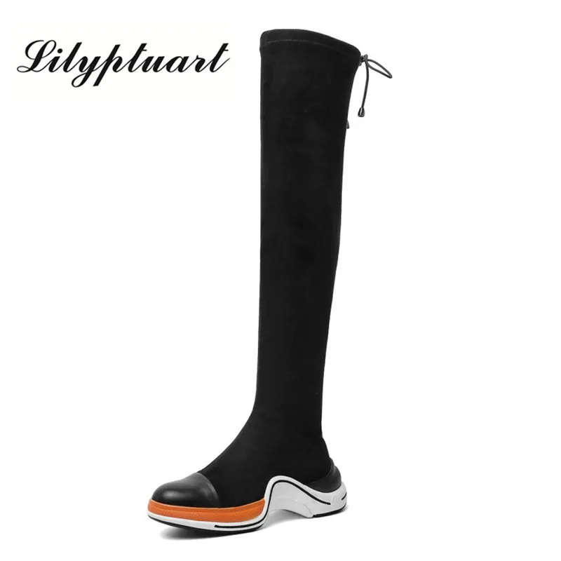 Женские эластичные сапоги выше колена из натуральной кожи модные высокие разных