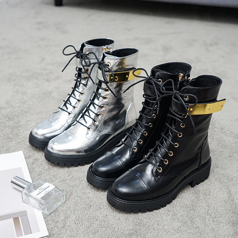 Женские мотоциклетные ботинки со шнуровкой черные серебристые с круглым носком