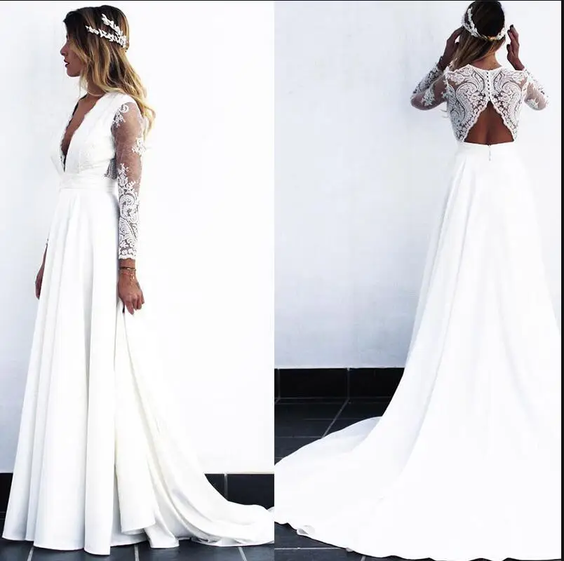 

Sexy White Lace Wedding Dresses With Long Sleeve 2020 vestido de novia Satin V-Neck Country Wedding Dress Custom Made Bridal