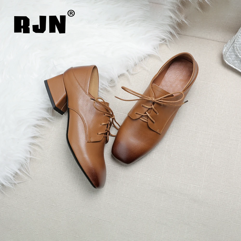 Женские элегантные туфли RJN из коровьей кожи Удобные однотонные с квадратным