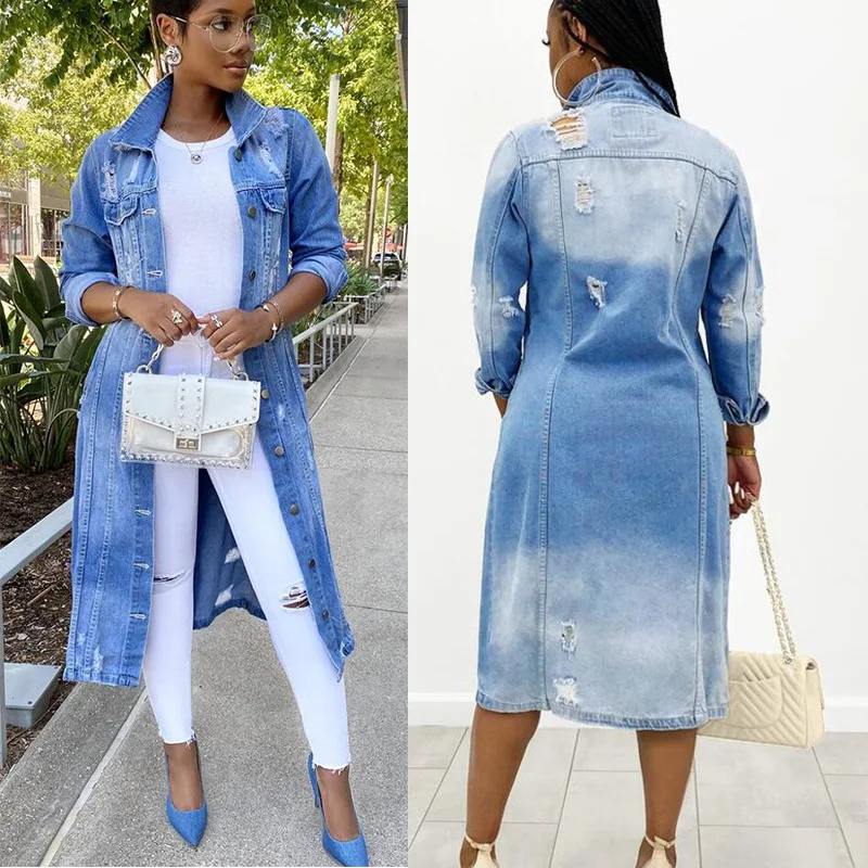 

FNOCE 2020 winter women's ripped jeans jackets fashion sexy trends solid long sleeve hole hollow out slim X-Long denim coats