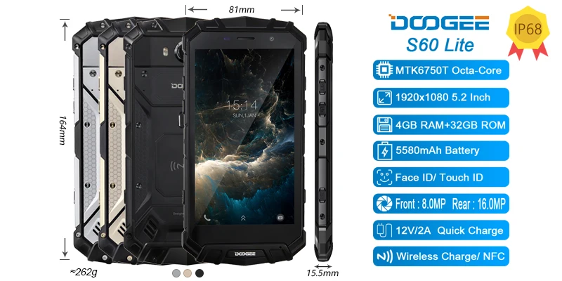 DOOGEE S60 Lite IP68 беспроводной зарядный смартфон 5580 мАч 12V2A Быстрая зарядка 16MP 5,2 ''FHD MTK6750T Восьмиядерный 4 ГБ 32 ГБ NFC телефон