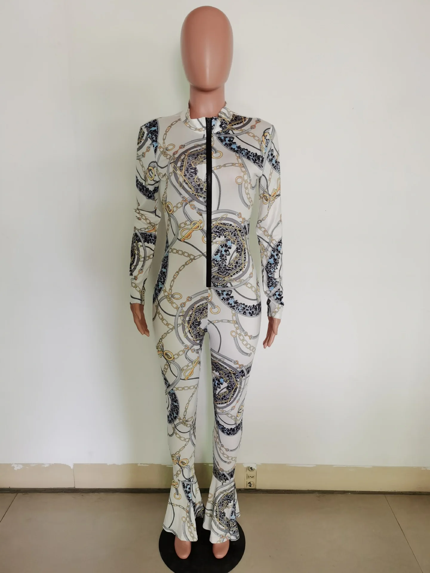 

Cutubly Zipper Up Jumpsuits For Women Tie Dye Chain Print Sexy Jumpsuit Skinny Moto Biker Flare Fashion Autumn One Piece Romper